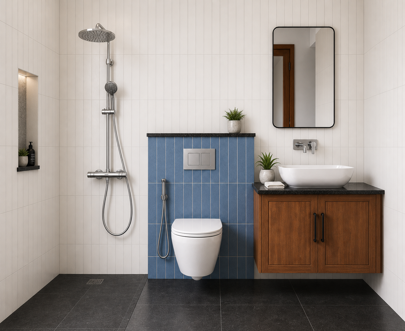 Bathroom render — Blue Premium theme with CP fittings